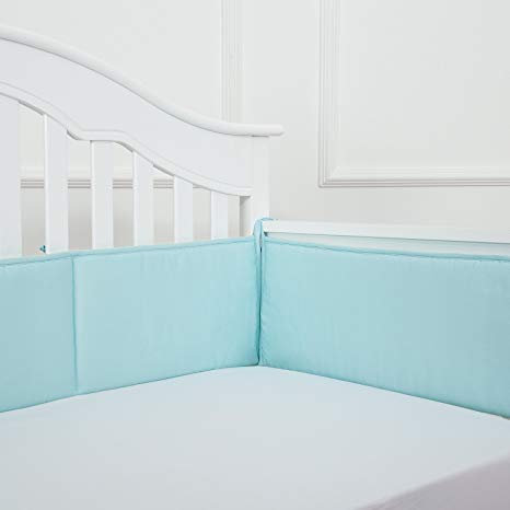 TILLYOU Cotton Collection Breathable Crib Bumper Pads for Standard Cribs Machine Washable Padded Crib Liner Set for Baby Boys Girls Safe Bumper Guards Crib Rail Padding, 4 Piece, Aqua