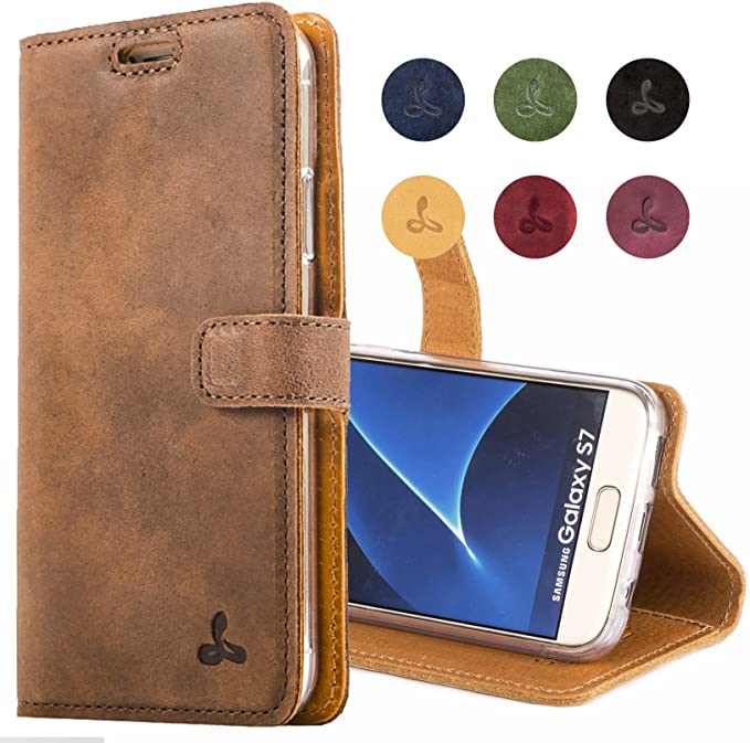 Snakehive Galaxy S7 Case, Vintage Collection Samsung Galaxy S7 Wallet Case in Nubuck Leather with Credit Card/Note Slot (Chestnut Brown)