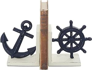 Deco 79 Metal Anchor and Ship Wheel Bookends, Set of 2 6"W, 6"H, Blue