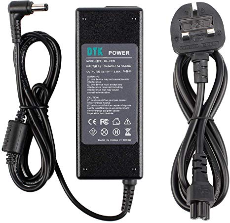 DTK® Ac Adapter Laptop Computer Charger/Notebook Pc Supply Power source for TOSHIBA Output: 19V 3.95A 75W Power Cord Connector: 5.5 x 2.5mm