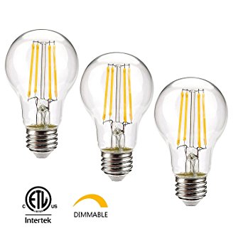 Leadleds 6.5W Dimmable LED Bulb Edison Style, Long LED Filament E26 Medium Base, 3000K Soft White 810 Lumens, 70 Watt Incandescent Equivalent, 3-Pack