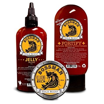 Bossman Beard Essentials Care Package - Fortify Conditioner, Jelly Beard Oil, and Relaxing Beard Balm Kit (Gold)