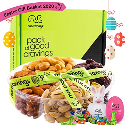 Easter Gift Basket For Adults, Candy Filled Eggs & Bunny, Gourmet Nut Tray (4 Section) - Healthy Food Edible Arrangement Platter - Snack Box For Family, Women, Men, Kids, Boys, Girls - Prime Delivery