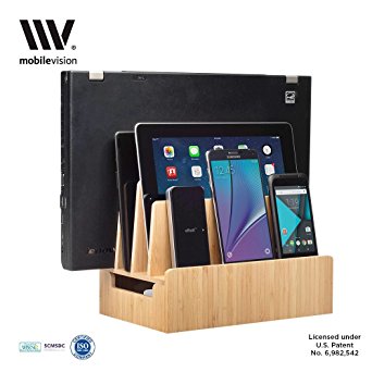 MobileVision Bamboo Charging Station & Multi Device Organizer Slim Version for Smartphones, Tablets, and Laptops