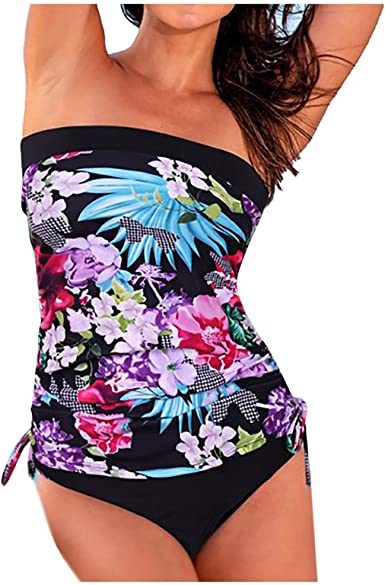 Women's Bandeau Blouson Tankini Top High Waisted Bottom Tummy Control Two Piece Swimsuits Bathing Suits
