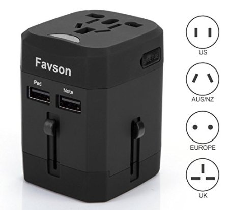 Favson® Universal Worldwide Travel Adapter [US UK EU AU] All-In-One Wall Plug Surge Protector Safety Fuse Use-Safety with 2.1A Dual USB Charging Ports and 4 AC Outlets [Retail gift wrap] Black