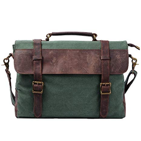 S-ZONE Vintage Canvas Genuine Leather Messenger Traveling Briefcase Shoulder Laptop Bag Large Size for 15.6" Laptop