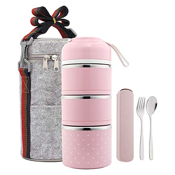 YBOBK HOME Bento Lunch Box Leakproof Stainless Steel Stackable Lunch Box with Bag and Reusable Flatware Set Thermal Food Storage Container for Healthy On-the-Go Meal and Snack Packing (3-Tier, Pink)