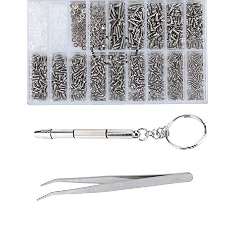 AMGOMH 1000 Pieces Glasses Screws and Nuts Assortment, Glasses Repair Tool Kit & 1 Pcs Mini Screwdriver and Tweezers for Watch Eyeglass Sunglass Spectacles