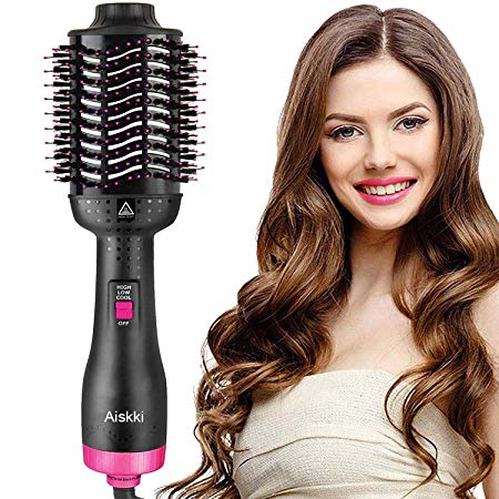 Aiskki 5 in 1 Hair Dryer One-Step Hot Air Brush Comb Styler&Volumizer Multifunctional Air Blower Hair Curler Salon Frizz Control Anti-Scald Hair Straightener (Rose and Black)