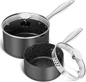 MICHELANGELO Hard Anodized Saucepan Set with Lids, Nonstick Saucepan with Pour Spouts & Strainer Lid for Easy Pour, Granite Derived Coating Sauce Pot Set - 1.5QT & 3QT Induction Sauce Pans