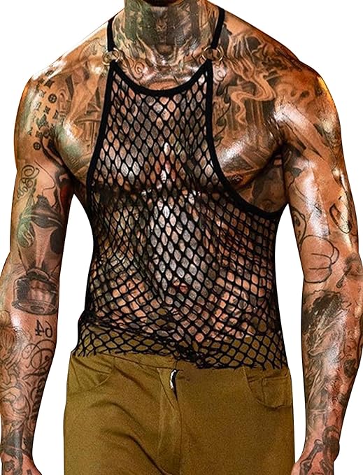 Panegy Men's Sheer Mesh See Through Tshirt Workout Gym Muscle Shirts Party Club Rave Disco Tank Top Tee