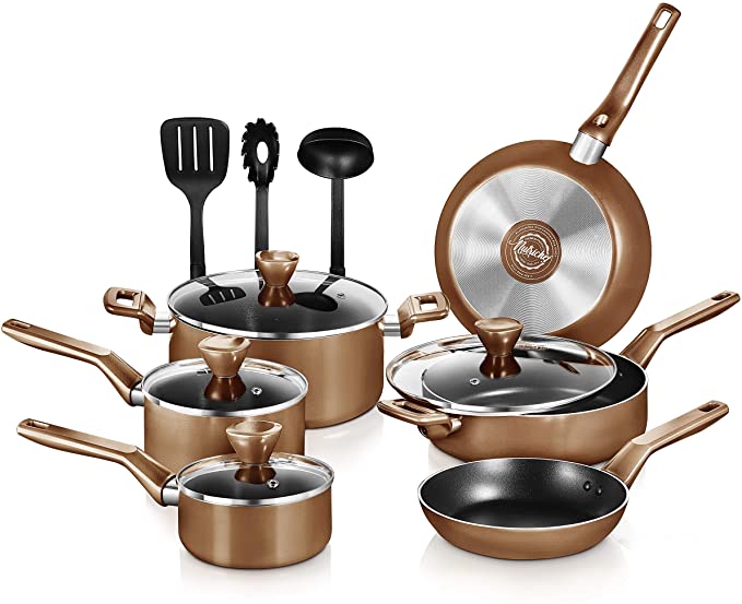 NutriChef 13 Pcs. Nonstick Kitchen Cookware PTFE/PFOA/PFOS-Free Heat Resistant Kitchenware Set w/Saucepan, Frying Pans, Cooking Pots, Casserole, Lids, & Utensils, Brown NCCWA13BR