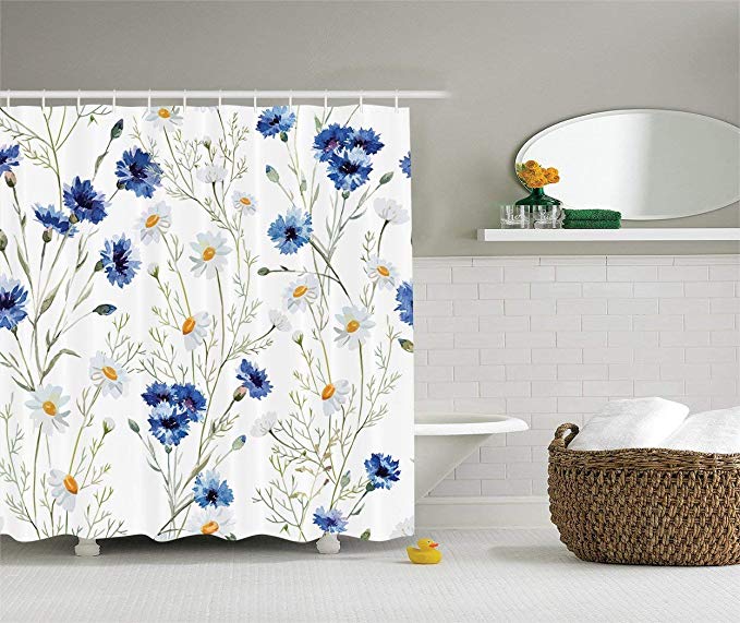 Ambesonne Watercolor Flower Decor Collection, Wildflowers Cornflowers Daisies Blooms and Buds Picture Print, Polyester Fabric Bathroom Shower Curtain Set with Hooks, 75 Inches Long, Blue White