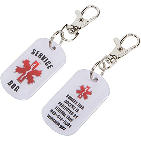 2 Bright SERVICE DOG Double Sided ID Tags with Red Medical Alert Symbol. 1 Low Price BONUS: Metal Lobster Clasp included for quick and easy change out