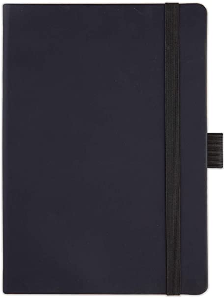 Journal Notebook, Dotted, A5, Vegan Leather Hardcover, 120gsm, 183 Numbered Pages, Pen Holder, Back Pocket - Not-So-Basic-Almost Black