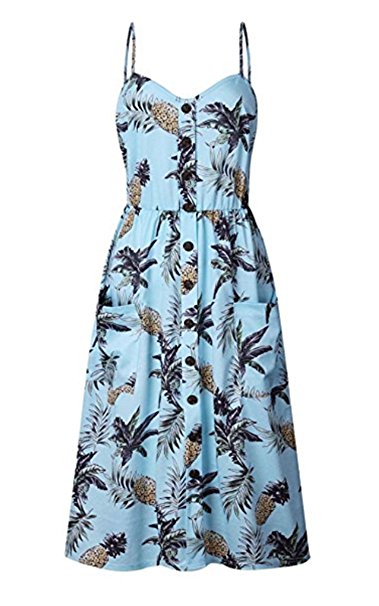 Angashion Women's Dresses-Summer Floral Bohemian Spaghetti Strap Button Down Swing Midi Dress with Pockets