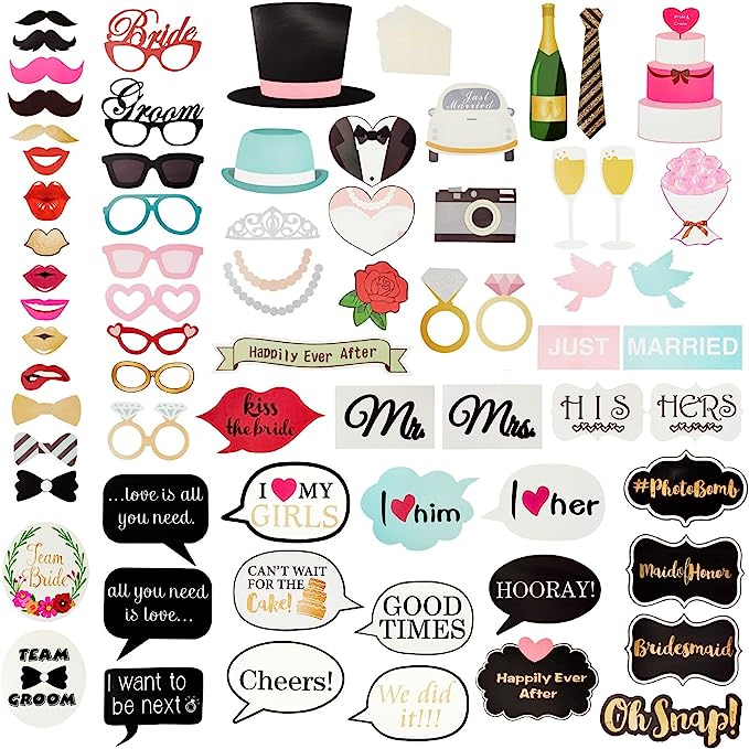72 Pieces Wedding Photo Booth Props for Bridal Shower, Bachelorette Party, Photobooth Selfies, Assorted Designs