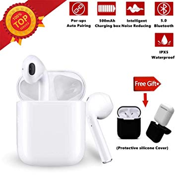 Bluetooth 5.0 Wireless Earbuds Noise Canceling Sports 3D Stereo Headphones with【24Hr Playtime】 IPX5 Waterproof,Pop-ups Auto Pairing,Built-in Binaural Mic Headset for Android/iPhone Apple Airpods