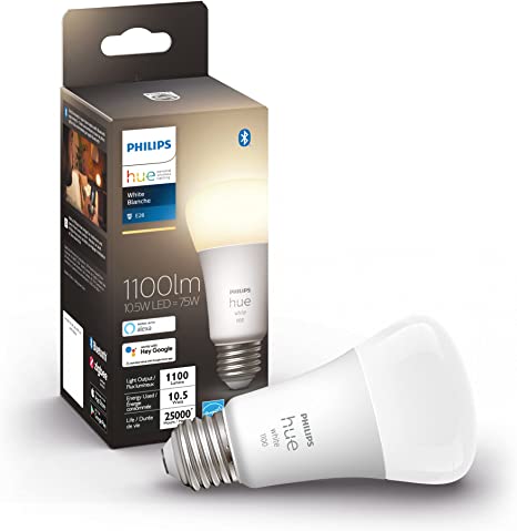 Philips Hue White 10.5W Equivalent 75W A19 Base E26 LED Smart Bulb, Dimmable, Bluetooth & Zigbee Compatible, Voice Activated with Alexa & Google Assistant