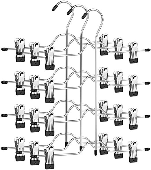 SONGMICS Pants Hanger, Set of 3 Space-Saving 4-Tier Metal Trousers Hangers, with 8 Adjustable Non-Slip Clips, for Slack, Jeans, Towels, 12.6 Inches Length, Silver UCRI042BK