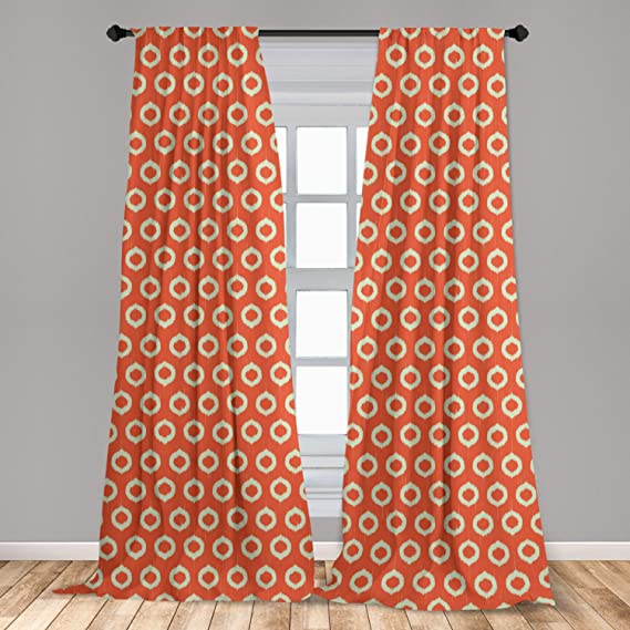 Ambesonne Ikat Curtains, Repeating Oval Shapes with Grunge Effect on Orange Backdrop Abstract Vintage Design, Window Treatments 2 Panel Set for Living Room Bedroom Decor, 56" x 63", Orange Beige