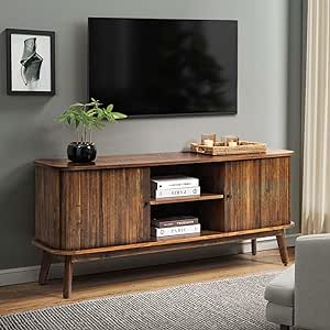 HULALA HOME Mid Century Modern TV Stand for 65" Television, Entertainment Center with Sliding Barn Doors and Solid Wood Legs, Wood Media TV Console Table for Living Room, Walnut