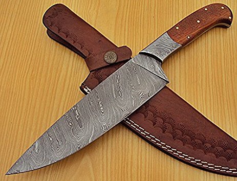 RK-L -1319 - Custom Handmade Damascus Steel 12.2 Inches Chef Knife – Marindi Wood Handle with Damascus Steel Bolster