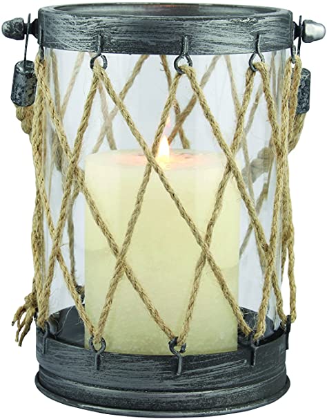 Stonebriar Small Antique Zinc Metal and Twine Hurricane Candle Lantern, Pewter