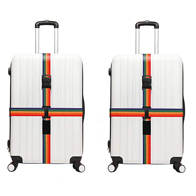 Adjustable Luggage Strap Travel Suitcase Baggage Packing Belt Long Cross Straps,Rainbow 2 Pack