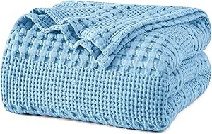 PHF 100% Cotton Waffle Weave Blanket King Size, Lightweight Washed Cotton Blanket for Spring & Summer - 108"x90" Aesthetic Soft Woven and Breathable Blanket for Bed Sofa Home Decor - Sky Blue