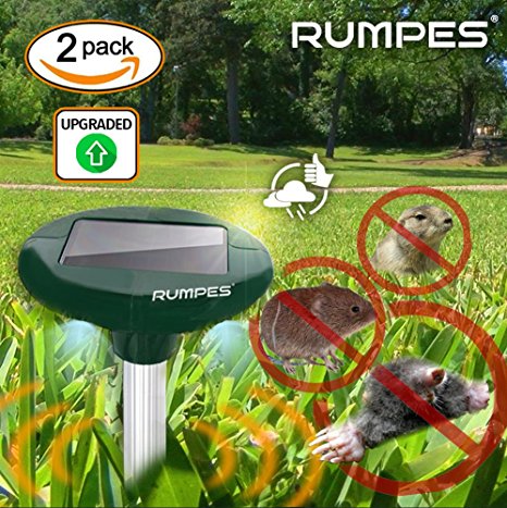 Solar Repellent Spike: 2-Pack, (Water Resistant with LED Lights) Gopher, Rodents, Moles, Voles, Mice, Rats, Snakes, Shrew, Pests Water Resistant Solar Powered Ultrasonic Repeller RUMPES