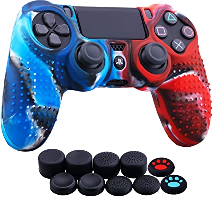 YoRHa Studded Dots Silicone Rubber Gel Customizing Cover for Sony PS4/slim/Pro Dualshock 4 Controller x 1(Camou Red&Blue) with Pro Thumb Grips x 10