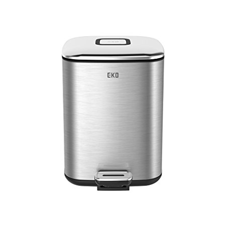 EKO Small Square Metal Step Trash Can with Lid, 6 Liter, Stainless Steel