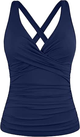 Hilor Women's Underwire Tankini Top Tummy Control Bathing Suits Sexy V Neck Crossover Swim Top Only