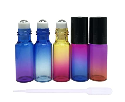 12 Pcs 5 ml Rainbow Color Glass Roller Bottles Roll-on Bottles Vial Container with Stainless Steel Roller Balls and Black Cap for Essential Oil Perfumes Liquid Aromatherapy 1pc 3 ml Dropper Included