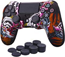 YoRHa Water Transfer Printing Camouflage Silicone Cover Skin Case for Sony PS4/slim/Pro dualshock 4 controller x 1(Loong Black) With Pro thumb grips x 8