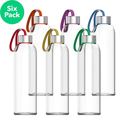 Vremi 18 oz Glass Water Bottle 6 Pack - Glass Bottles with Lids for Juicing or Beverage Storage - Set of 6 Glass Beverage Bottles - Clear Reusable Bottles Stainless Steel Caps Colored Carrying Loops