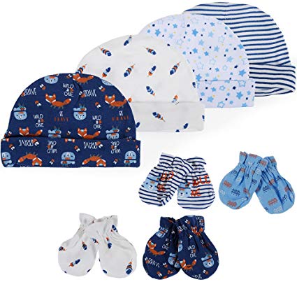 Lictin Newborn Baby Cotton Caps Mittens - 100% Cotton 4pcs Baby Cotton Caps Hats and 4 Pairs Baby Scratch Mittens Gloves for Baby Boy(0-6 Months) Blue