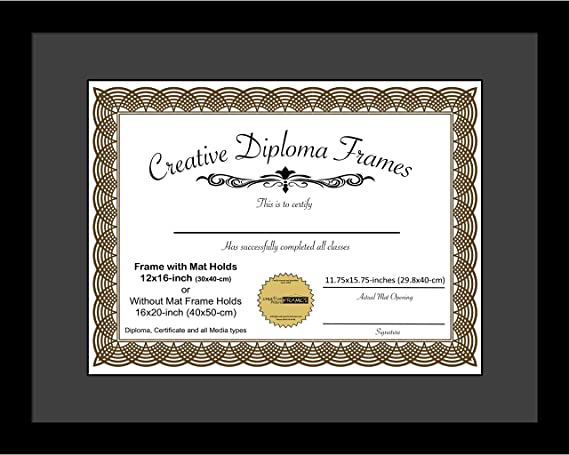 CreativePF [1620bk-b] Satin Black Large Diploma Frame with Black Mat Holds 12x16-inch Documents with Glass and Installed Wall Hanger