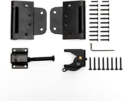Home Master Hardware Self-Closing Gate Kit Black - 3.5 in Spring Tee Hinges 2 Pack   Self-Adjusting Gate Latch 1 Pack