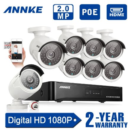 Full HD 1920x1080P Annke 8CH 1080P PoE NVR w 8 Indoor Outdoor Weatherproof 100ft Night Vision HD Security Camera System Scan QR Code Quick Remote Access 20 Mega-pixels True PoE Technology Continuous Recording and Smart Recording e-Cloud