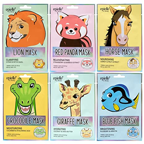 Epielle Character Sheet Masks - Animal-Inspired Luxury for Smooth & Supple Skin (Assorted 6 pack) V4 | Girls Face Mask Spa Skincare Sheet