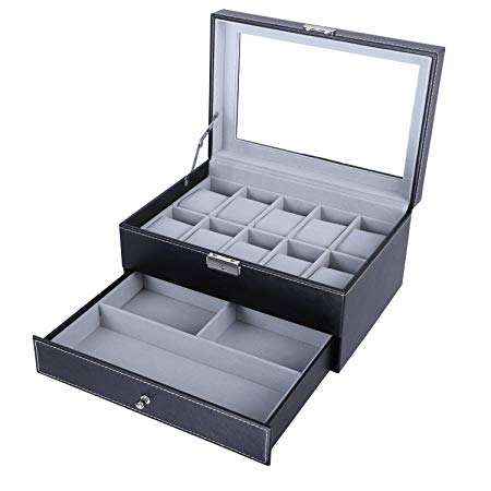 BASTUO Watch Box for Men 10 Luxury Watch Display Organizer with PU Leather Jewelry Display Case with Key&Lock,Black