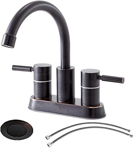 IKEBANA Commercial Two Handles Lavatory Faucet Stainless Steel Bathroom Faucet, Oil Rubbed Bronze Bathroom Sink Faucet With Pop Up Drain and Hot & Cold Water Hose
