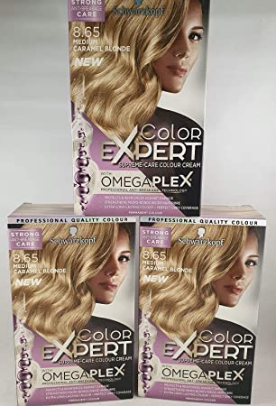 Pack of 3, Schwarzkopf Colour Expert Omegaplex Hair Dye, Number 8.65 Medium Caramel Blonde