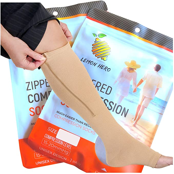Short/Petite Zippered Medical Compression Socks with Zipper Safe Guard & Open Toe - Best Leg Support Stocking (XXL(Short) - Calf 13-17in, Beige)
