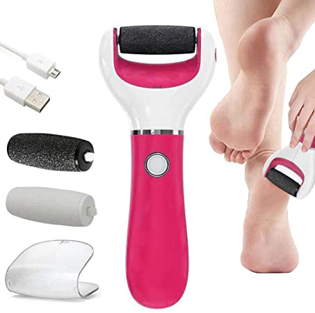 BOMPOW Electric Callus Remover Foot Scrubber, Foot File Hard Skin Remover Pedicure Tools for Feet Electronic Callus Shaver Pedicure kit for Cracked Heels and Dead Skin with 2 Roller Heads, Pink