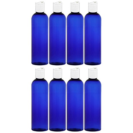 MoYo Natural Labs 4 oz Travel Bottles, Empty Travel Containers with Disc Caps, BPA Free PET Plastic Squeezable Toiletry/Cosmetic Bottles (Neck 24-410) (Pack of 8, Blue)