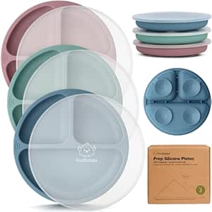 KeaBabies Suction Plates with Lids for Baby - 3-Pack 100% Silicone Suction Plates for Baby, Kids,Toddler Plates,Divided Baby Plates with Suction,Lids, BPA-Free, Microwave, Dishwasher Safe (Quantum)